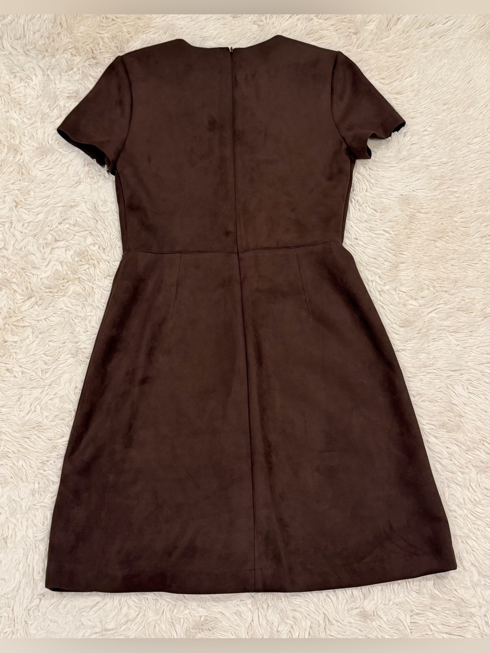 Calvin Klein Brown Faux Suede Shift Dress Size 4 Gold Zip Ring Pull Short Sleeve - Picture 6 of 10